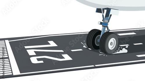 Airplane landing gear touching down on runway with water splash