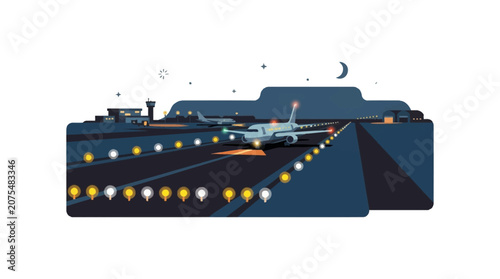 Airplane taking off from runway at night with city skyline