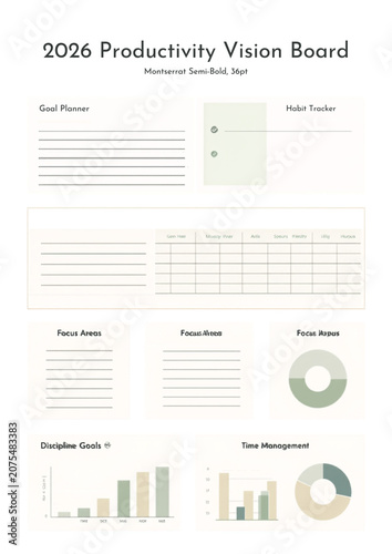 Minimalist annual organizational template with performance data charts and routine monitoring lists for structured objective management