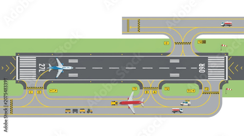 Illustrated airport runway with airplanes and vehicles in vector style