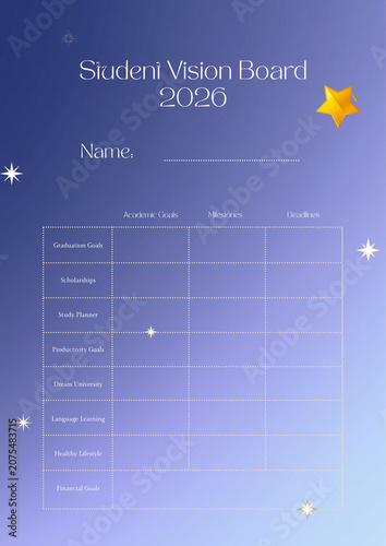 Academic planning template for educational goal setting and future vision mapping on a celestial purple background