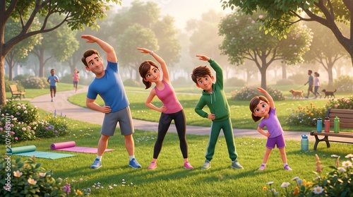 3D cartoon illustration of a family doing morning exercise in the park, parents and children stretching together, healthy lifestyle, green atmosphere, cheerful, active, and full of togetherness.