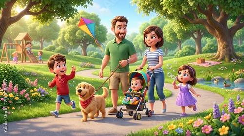Cartoon 3D illustration of a family walking in the park, parents and children enjoying time together, carrying balloons and pets, green, cheerful, warm and happy atmosphere.