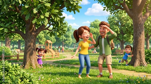 Cartoon 3D illustration of a family playing hide and seek in the park, parents and children laughing together, natural green atmosphere, cheerful, full of happiness and togetherness.