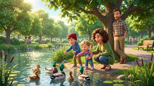 3D cartoon illustration of a family playing in a park near a lake, children feeding ducks with parents, green natural atmosphere, cheerful, warm, and full of togetherness