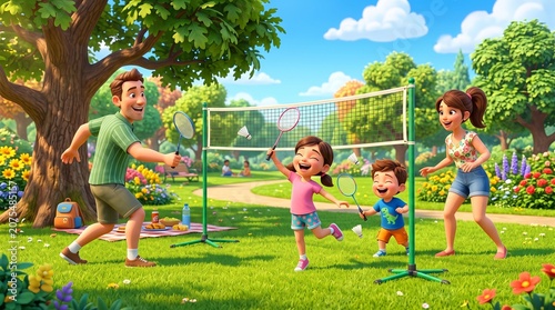 Cartoon 3D illustration of a family playing badminton in the park, happy parents and children, cheerful atmosphere, green nature, sports activities together, cute character style and bright colors.