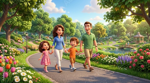 A happy 3D cartoon family from the original drawing is walking together on the same park path, all smiling broadly and holding ice cream in their free hands.