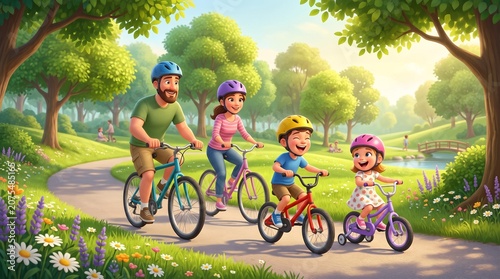 The joy of a compact 3D cartoon family cycling together along a beautiful, flower-filled garden path.