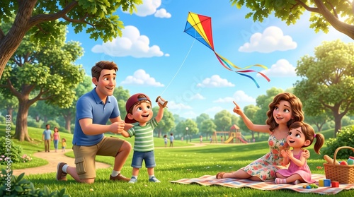 3D cartoon family picnic, where father and son are having fun flying kites in the park.