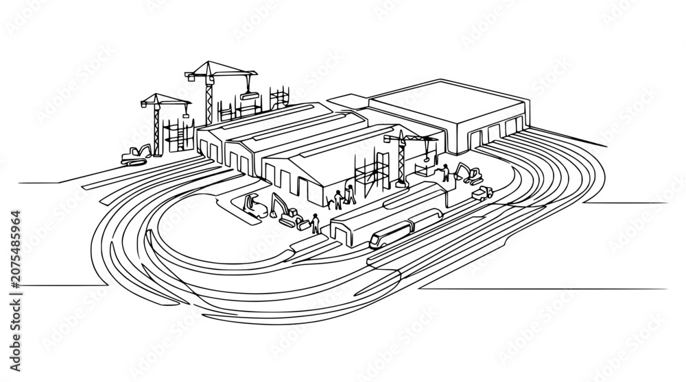 Obraz premium Industrial Construction Site with Cranes, Buildings, and Workers - Line Art