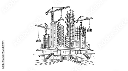 Modern City Construction: Skyscrapers, Cranes, and Train Station - Sketch