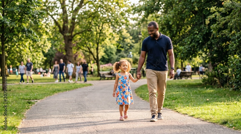 Fototapeta premium Father and daughter holding hands walking on park path surrounded by trees and green grass on a sunny day