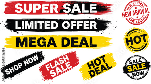 Collection of Vibrant Grunge Brush Stroke Promotional Banners and Round Badges for Retail Marketing Campaigns