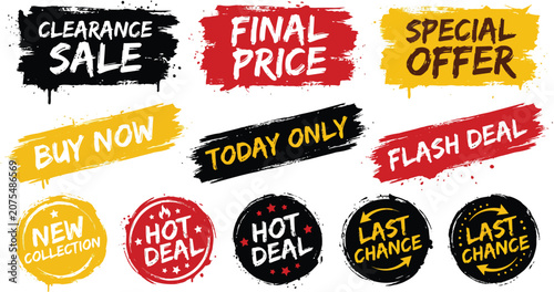 Set of grunge sale badges and promotional stickers with hand drawn brush stroke design for retail discount marketing
