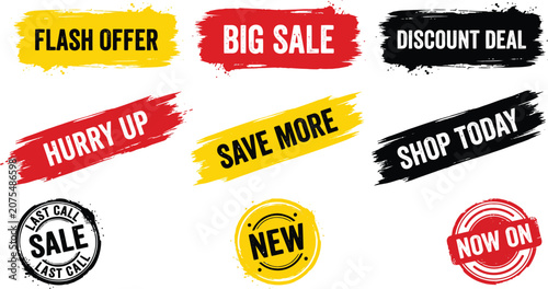 Promotional Sale Banners and Discount Badges Collection with Brush Stroke Style for Marketing