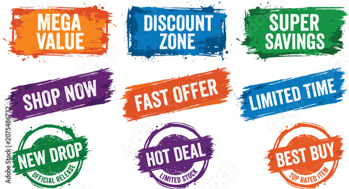 Dynamic collection of grunge style promotional labels and banners for compelling marketing campaigns and special offers