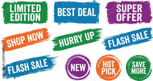 Set of Colorful Grunge Texture Promotional Labels for Retail Sales and Marketing Campaigns