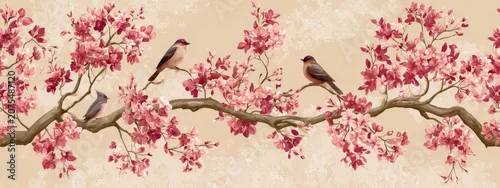 Panel kuchenny z motywem Delicate Birds Nestled Among Blossom Branches on Warm Beige Background in Elegant Floral Design