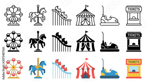 Amusement park rides and attractions icons set in various styles including outline, solid, and colorful flat designs for entertainment concepts.