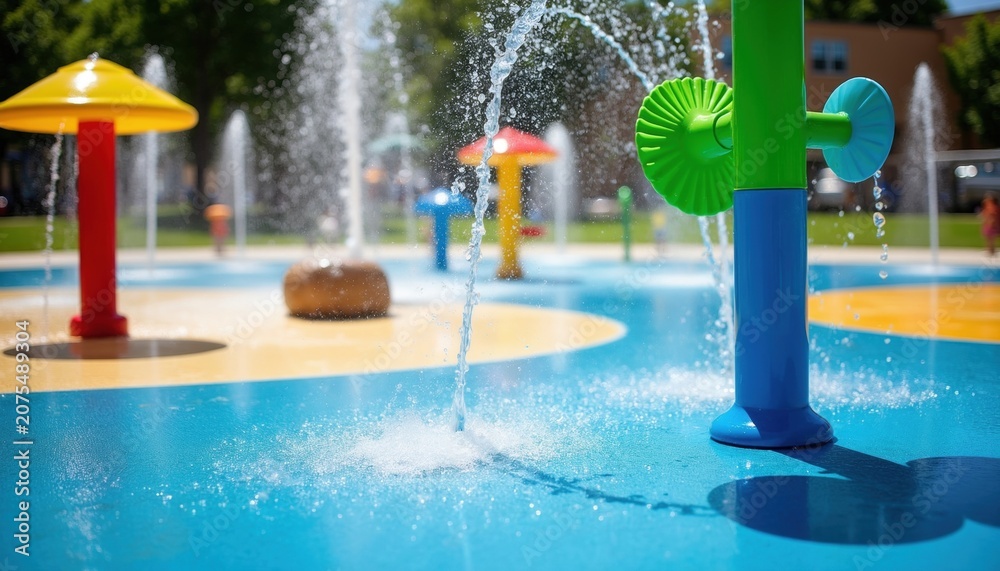 Naklejka premium Bright outdoor splash pad with colorful fountains spraying water. Kids play happily on sunny day. Water park offers fun wet recreation for families and children.
