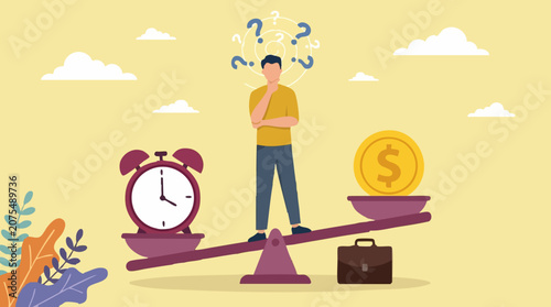 Fotografía Man balancing time and money on a scale, contemplating choices and priorities