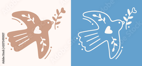 Dove folk art drawing traditional scandinavian nordic Christmas blue and beige aesthetic bird logo ornament. Christian peace freedom symbol printable decor sticker vector outline flat design cut file.