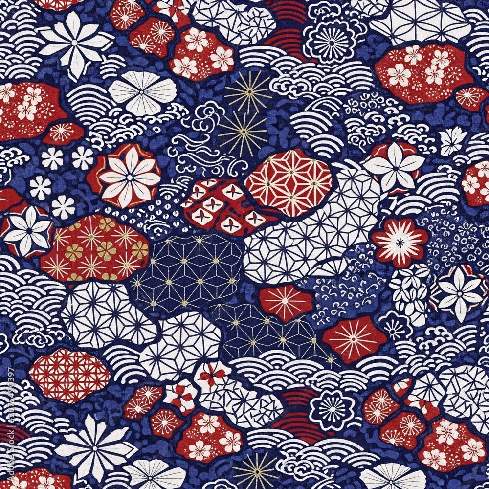 Naklejka premium Traditional japanese pattern with floral and geometric elements