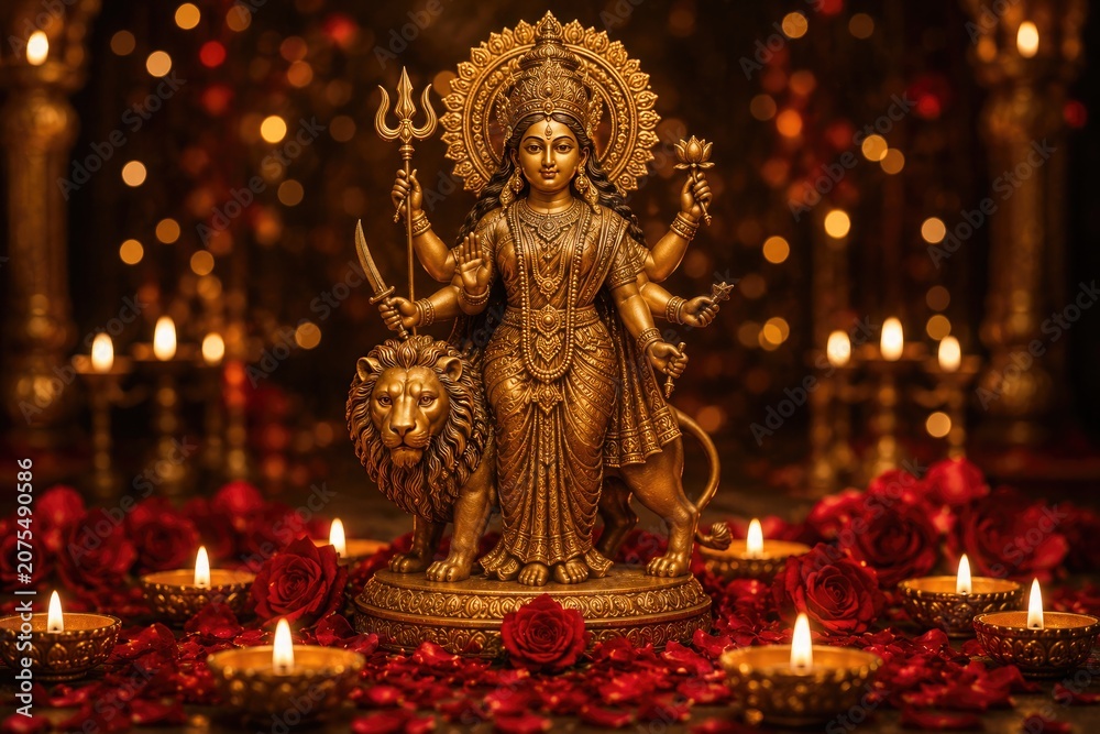 Obraz premium Durga puja celebration with golden statue of goddess durga on lion with trident and lotus surrounded by candles and roses