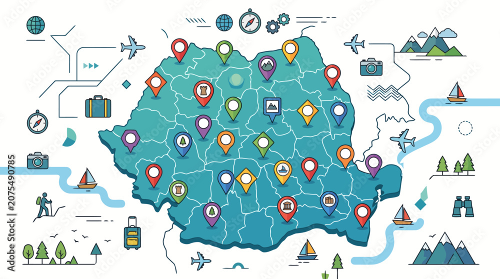 Naklejka premium Romania travel map with colorful location markers and icons