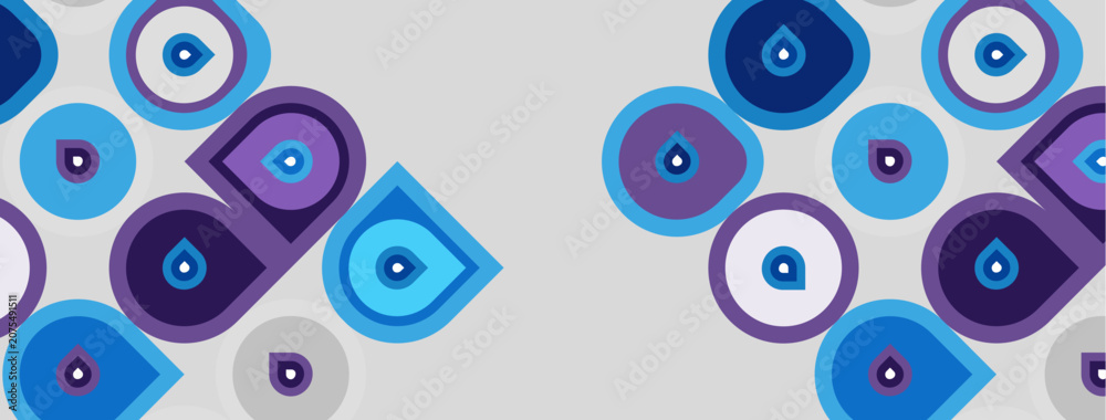 Fototapeta premium Pattern features blue eyes, circles, squares. Purple accents present. Design appears repetitive, modern, geometric. Soft color palette dominates image.