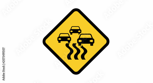 Slippery Road Warning Sign: Cars Skidding on Wet Wavy Lines