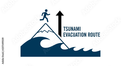 Tsunami Evacuation Route Sign: Person Running Up Mountain, Wave, Arrow