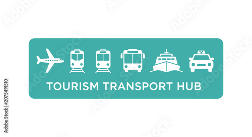 Tourism Transport Hub Icons: Airplane, Train, Bus, Ship, Taxi