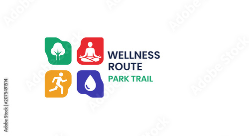 Wellness Route Park Trail Logo: Running, Yoga, Nature, Water Icons