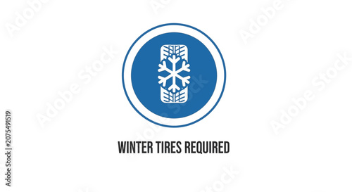 Winter Tires Required Icon: Snowflake on Tire Tread, Blue Circle Symbol, Text