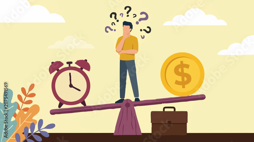 Konstfotografi Man contemplating time versus money balance on a seesaw with choices