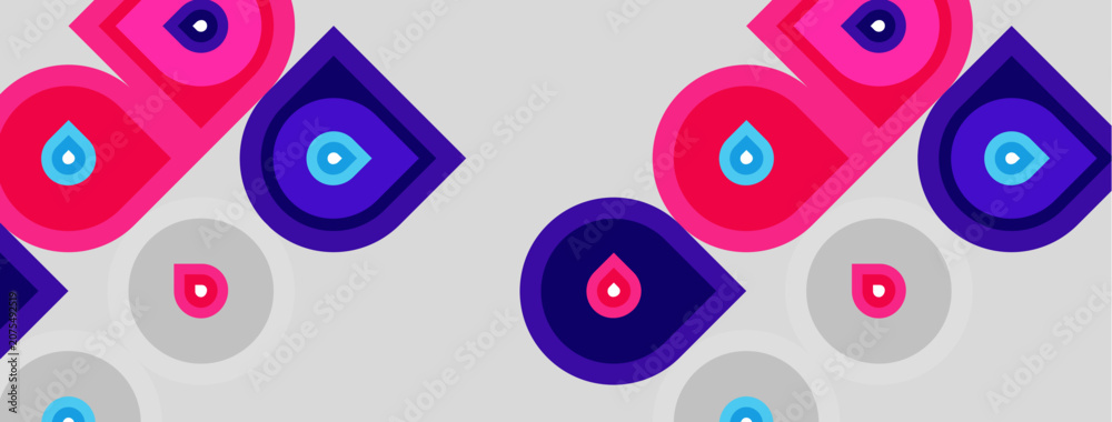 Fototapeta premium Abstract pattern features repeating shapes. Pink, purple, blue hues dominate design. Minimalist style creates modern aesthetic.