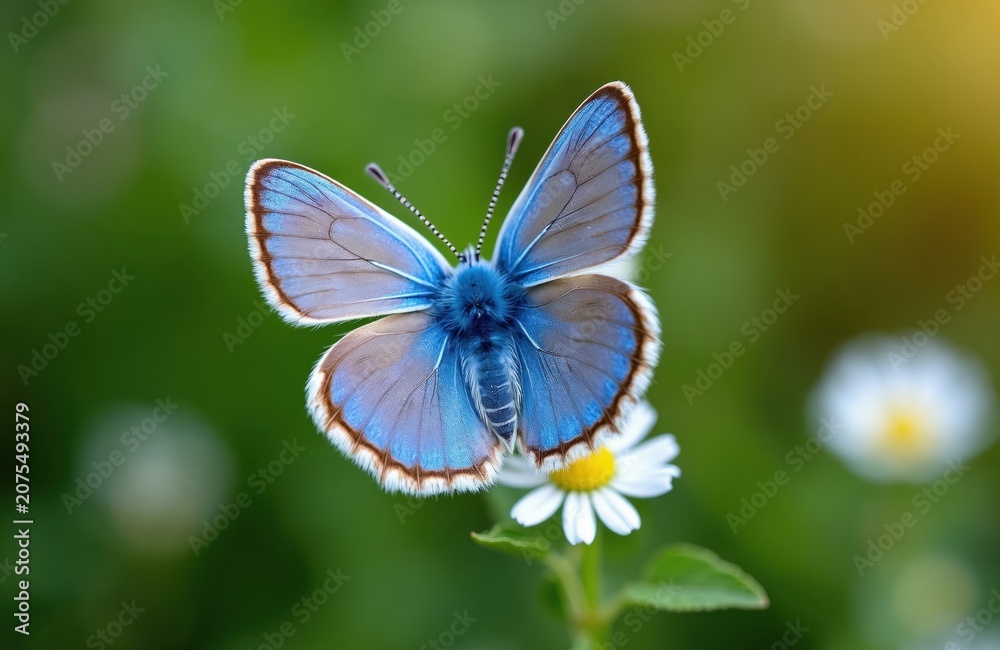 Fototapeta premium Blue butterfly rests on daisy flower. Tiny insect has brown wing edges. Soft green blur background with bokeh. Macro shot shows detail of small creature.