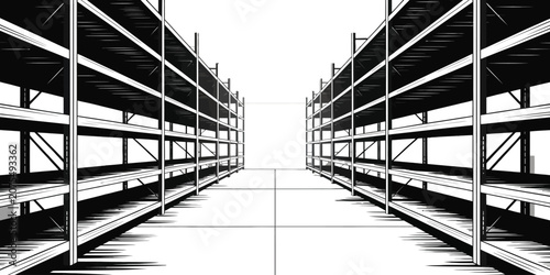 Industrial shelving units, empty storage racks, metal warehouse shelves, isolated vector illustration