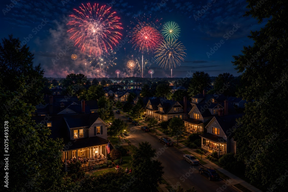 Fototapeta premium Beautiful colorful fireworks display over a quiet suburban neighborhood at night.