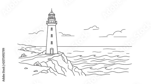Black and white line drawing lighthouse standing on rocky coastline