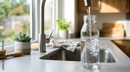 Close-up of crystal glass bottle filling with water at kitchen sink
