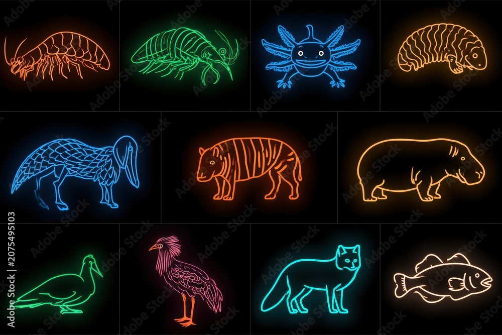 Fototapeta premium Ten animal designs are shown as neon outlines, displayed individually on black tiles in a neat grid format. Each represents a unique species.