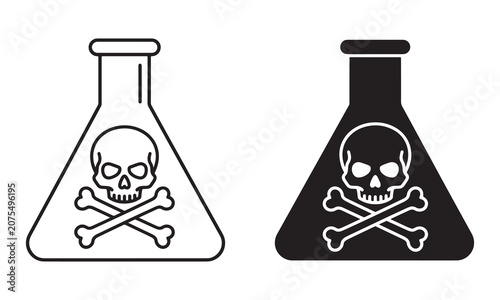Black and white toxic flask icons with skull and bones Vector, illustration