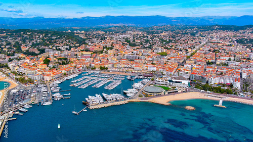 Canvastavla Aerial drone view of Cannes Old Port Vieux Port marina with superyachts, Palais