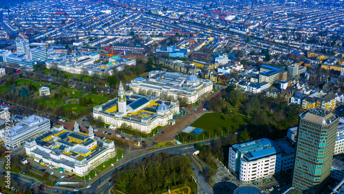 Canvas Print Aerial drone view of Cardiff City Hall, Cathays Park civic buildings and surroun