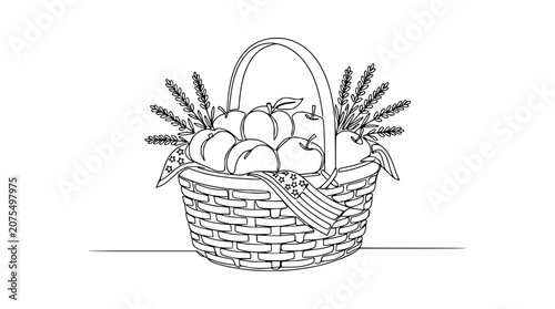 Foto Hand-drawn Basket of Apples and Lavender Line Art