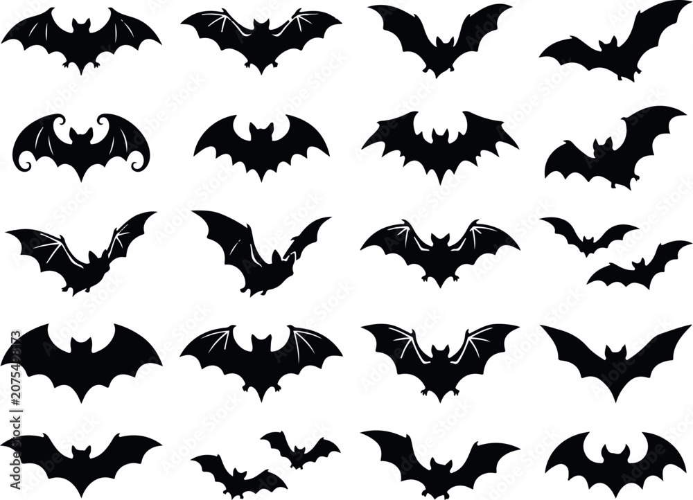 Fototapeta premium Collection of black silhouette bat graphics for halloween designs and decorations