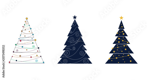 Set of three stylized minimalist Christmas trees featuring decorative lights, swirling patterns, and golden star ornaments.