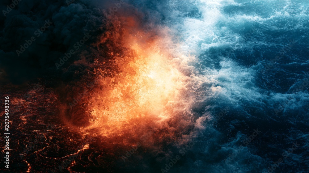 Fototapeta premium Dramatic Clash of Molten Lava and Water in Explosive Natural Scene